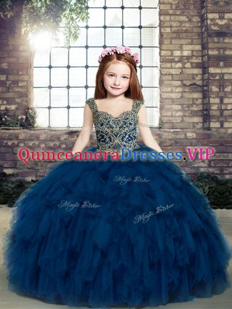 Beading and Ruffles Kids Pageant Dress Navy Blue Lace Up Sleeveless Floor Length