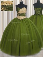 Olive Green Sweetheart Lace Up Beading and Ruching and Belt Sweet 16 Dresses Sleeveless