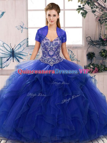 Floor Length Royal Blue 15th Birthday Dress Tulle Sleeveless Beading and Ruffles - Click Image to Close