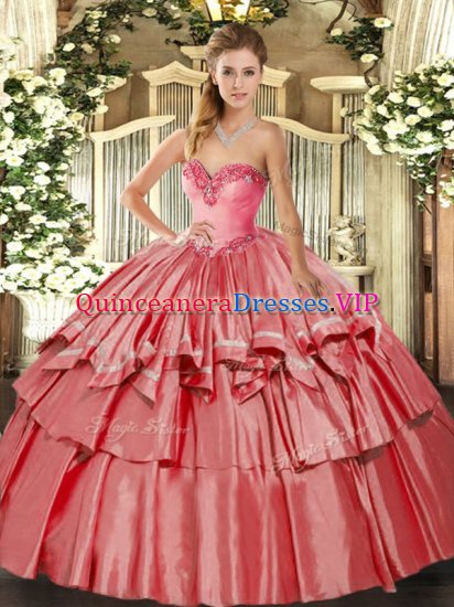 Coral Red Lace Up Quinceanera Gowns Beading and Ruffled Layers Sleeveless Floor Length - Click Image to Close
