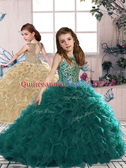 Turquoise Lace Up Pageant Dress Beading and Ruffles Sleeveless Floor Length - Click Image to Close