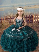 Green Organza Lace Up Little Girl Pageant Gowns Sleeveless Floor Length Embroidery and Ruffled Layers