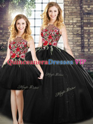 Black Scoop Neckline Embroidery Quinceanera Gown Sleeveless Zipper