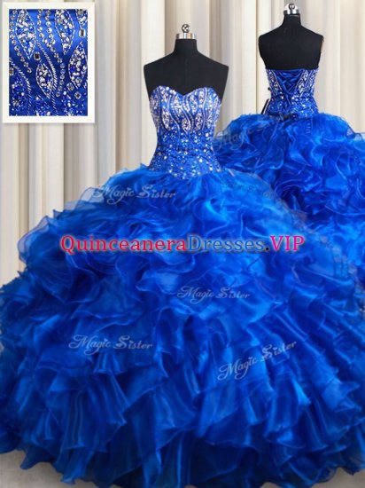 Royal Blue Sweetheart Lace Up Beading and Ruffles Vestidos de Quinceanera Brush Train Sleeveless - Click Image to Close
