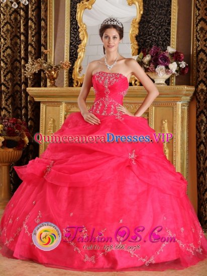 Eldersburg Maryland/MD Fabulous Sweet 16 Quinceanera Dress Clearance With Coral Red Strapless Appliques And Pick-ups Decorate - Click Image to Close