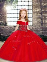 Excellent Red Tulle Lace Up Straps Sleeveless Floor Length Evening Gowns Beading