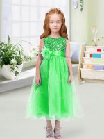 Trendy Tea Length Zipper Little Girl Pageant Gowns Green for Wedding Party with Sequins and Hand Made Flower(SKU YCLD071-3BIZ)