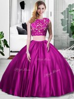 Fuchsia Sleeveless Lace and Ruching Floor Length Quinceanera Gowns