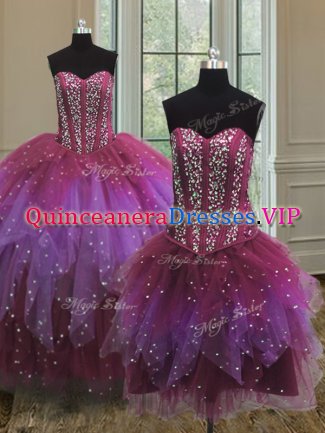 Three Piece Multi-color Ball Gowns Sweetheart Sleeveless Tulle Floor Length Lace Up Beading and Ruffles and Sequins Sweet 16 Quinceanera Dress