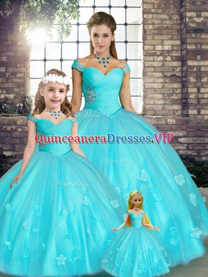 Custom Design Tulle Off The Shoulder Sleeveless Lace Up Beading and Appliques Quinceanera Gown in Aqua Blue - Click Image to Close