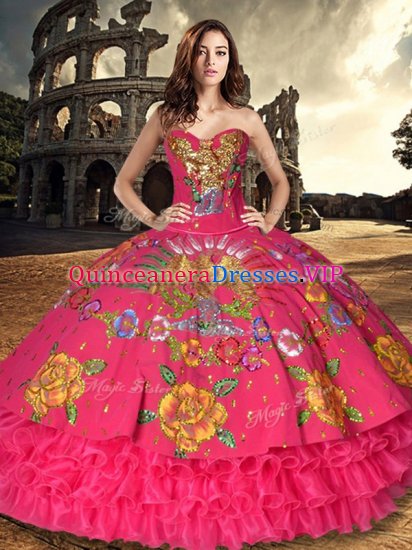 Custom Design Floor Length Red 15 Quinceanera Dress Organza and Taffeta Sleeveless Embroidery and Ruffled Layers - Click Image to Close