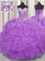 Halter Top Sleeveless 15th Birthday Dress Floor Length Beading and Ruffles Purple Organza(SKU PSSW0392-2BIZ)