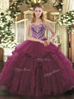 Admirable Burgundy Ball Gowns Beading and Ruffles Ball Gown Prom Dress Lace Up Tulle Sleeveless Floor Length