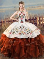 Custom Design Halter Top Sleeveless Lace Up Sweet 16 Dresses Rust Red Organza