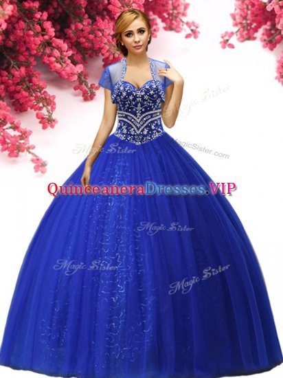 Royal Blue Ball Gowns Beading 15 Quinceanera Dress Lace Up Tulle Sleeveless Floor Length - Click Image to Close