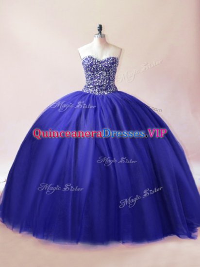 Royal Blue Ball Gowns Beading Quinceanera Dress Lace Up Tulle Sleeveless Floor Length - Click Image to Close