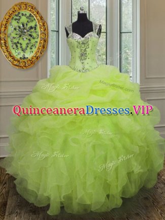 Free and Easy Yellow Green Organza Zipper Straps Sleeveless Floor Length Quinceanera Dress Beading and Ruffles