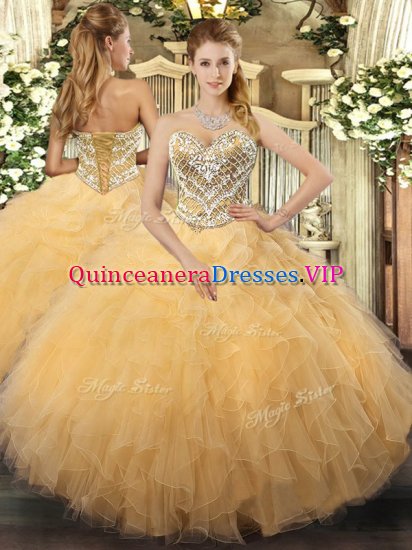 Designer Gold Sleeveless Tulle Lace Up Quinceanera Dresses for Military Ball and Sweet 16 and Quinceanera - Click Image to Close