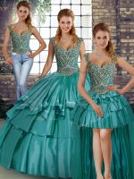 Exceptional Teal Lace Up Straps Beading and Ruffled Layers 15th Birthday Dress Taffeta Sleeveless