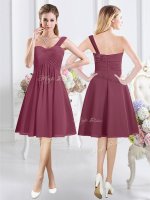 Burgundy Chiffon Zipper One Shoulder Sleeveless Knee Length Dama Dress Ruching