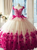 Scoop Sleeveless Quinceanera Gown Brush Train Hand Made Flower Fuchsia Tulle