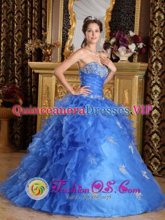 Ketchum Idaho/ID Classical Strapless Blue Sweetheart Organza Quinceanera Dress With Ruffles Decorate In New York