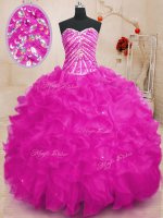 Shining Fuchsia Sleeveless Beading and Ruffles and Sequins Floor Length Quinceanera Dresses