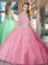 Pretty Tulle Bateau Sleeveless Brush Train Lace Up Lace and Ruffles 15th Birthday Dress in Rose Pink
