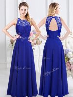 Romantic Scoop Sleeveless Floor Length Lace Backless Dama Dress with Royal Blue