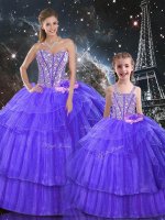 Organza and Tulle Sleeveless Floor Length Quince Ball Gowns and Ruffled Layers and Sequins