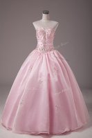 Beading and Embroidery Ball Gown Prom Dress Baby Pink Lace Up Sleeveless Floor Length