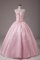 Beading and Embroidery Ball Gown Prom Dress Baby Pink Lace Up Sleeveless Floor Length
