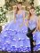 Modern Strapless Sleeveless Quince Ball Gowns Floor Length Beading and Ruffled Layers Lavender Organza