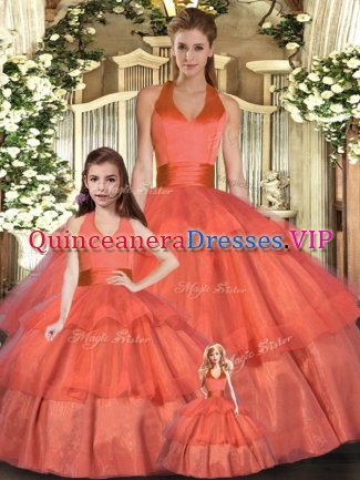 Halter Top Sleeveless Lace Up Quinceanera Dresses Orange Red Organza