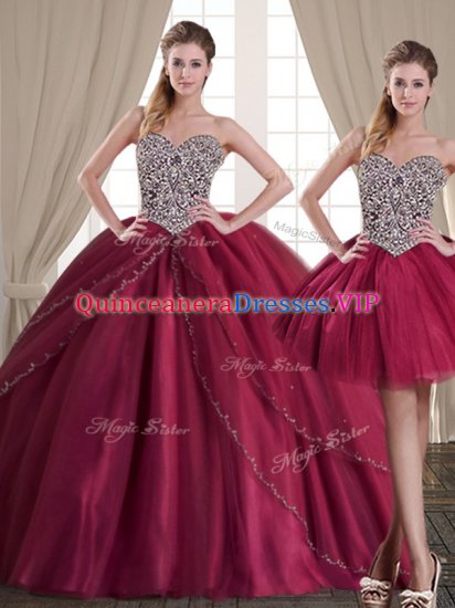 Three Piece Sweetheart Sleeveless 15th Birthday Dress Floor Length Beading Burgundy Tulle - Click Image to Close
