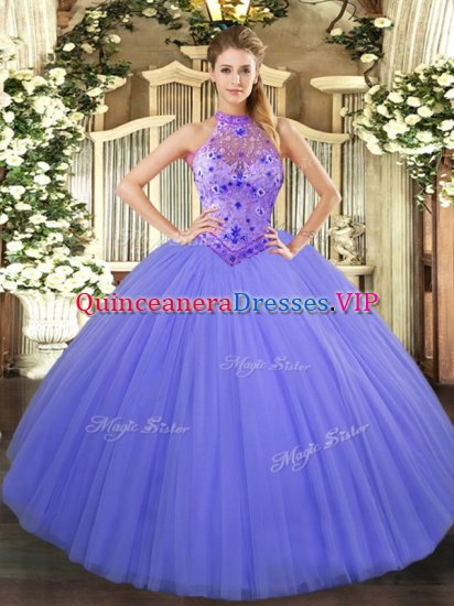 Glamorous Halter Top Sleeveless Lace Up Sweet 16 Dresses Lavender Tulle - Click Image to Close