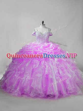 Organza Straps Sleeveless Brush Train Lace Up Beading and Ruffles and Pick Ups 15th Birthday Dress in Lilac