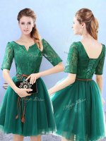 Half Sleeves Knee Length Lace Lace Up Vestidos de Damas with Green