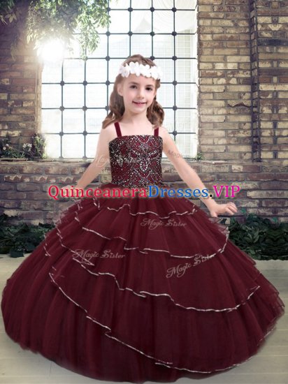 Stunning Burgundy Ball Gowns Beading and Ruffled Layers Custom Made Pageant Dress Lace Up Tulle Sleeveless Floor Length - Click Image to Close