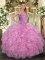 Dramatic Rose Pink Ball Gowns Beading and Ruffles Quinceanera Gown Lace Up Tulle Sleeveless Floor Length