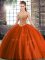 Unique Sleeveless Tulle Brush Train Lace Up Quince Ball Gowns in Rust Red with Beading