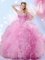 Modern Sleeveless Tulle Floor Length Lace Up 15th Birthday Dress in Rose Pink with Beading and Ruffles