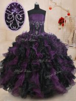 Black And Purple Organza Lace Up Strapless Sleeveless Floor Length Quinceanera Gown Beading and Ruffles
