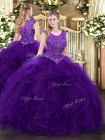 Purple Organza Zipper Quince Ball Gowns Sleeveless Floor Length Beading and Ruffles