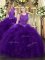 Purple Organza Zipper Quince Ball Gowns Sleeveless Floor Length Beading and Ruffles
