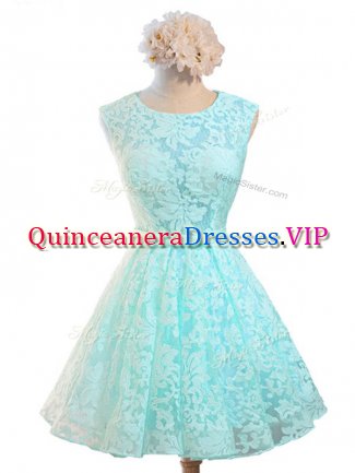 Great Aqua Blue A-line Scoop Sleeveless Lace Knee Length Lace Up Belt Quinceanera Court Dresses