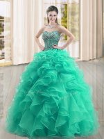 New Arrival Beading and Ruffles Vestidos de Quinceanera Turquoise Lace Up Sleeveless Floor Length