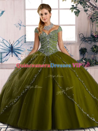 Beautiful Olive Green 15 Quinceanera Dress Sweet 16 and Quinceanera with Beading Sweetheart Cap Sleeves Brush Train Lace Up - Click Image to Close