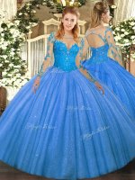 Charming Floor Length Lace Up Quinceanera Dress Baby Blue for Military Ball and Sweet 16 and Quinceanera with Lace