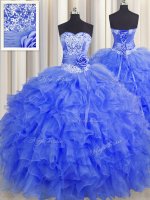 Handcrafted Flower Sleeveless Floor Length Beading and Ruffles and Hand Made Flower Lace Up Quinceanera Dresses with Royal Blue